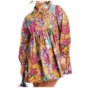 Kika Vargas Target Anemone Colorful Floral Mini Babydoll Dress 1X Boho Collared